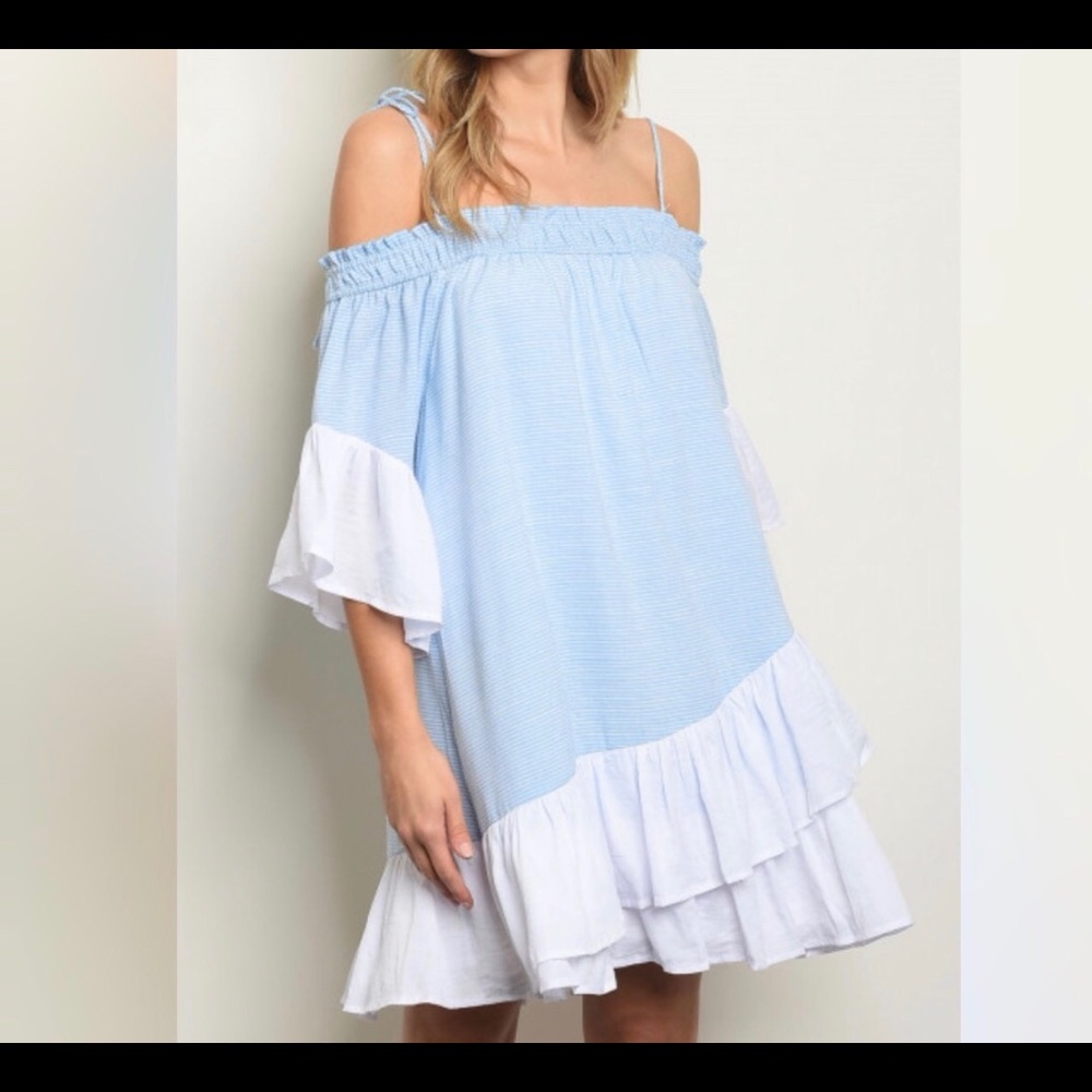 Blue and White Stripes Ruffle Off Shoulder Mini Dress